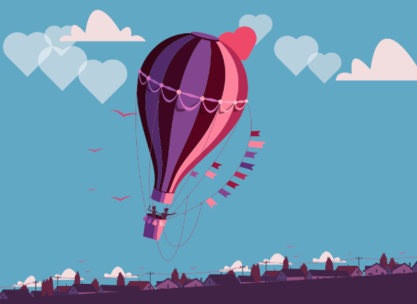 Couple flying in love balloon